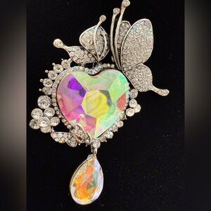 Elegant Crystal Butterfly Heart Pendant/Brooch